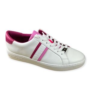 New Michael Kors White Neon Pink Irving Stripe Lace Up Sneakers Shoes Size 9.5